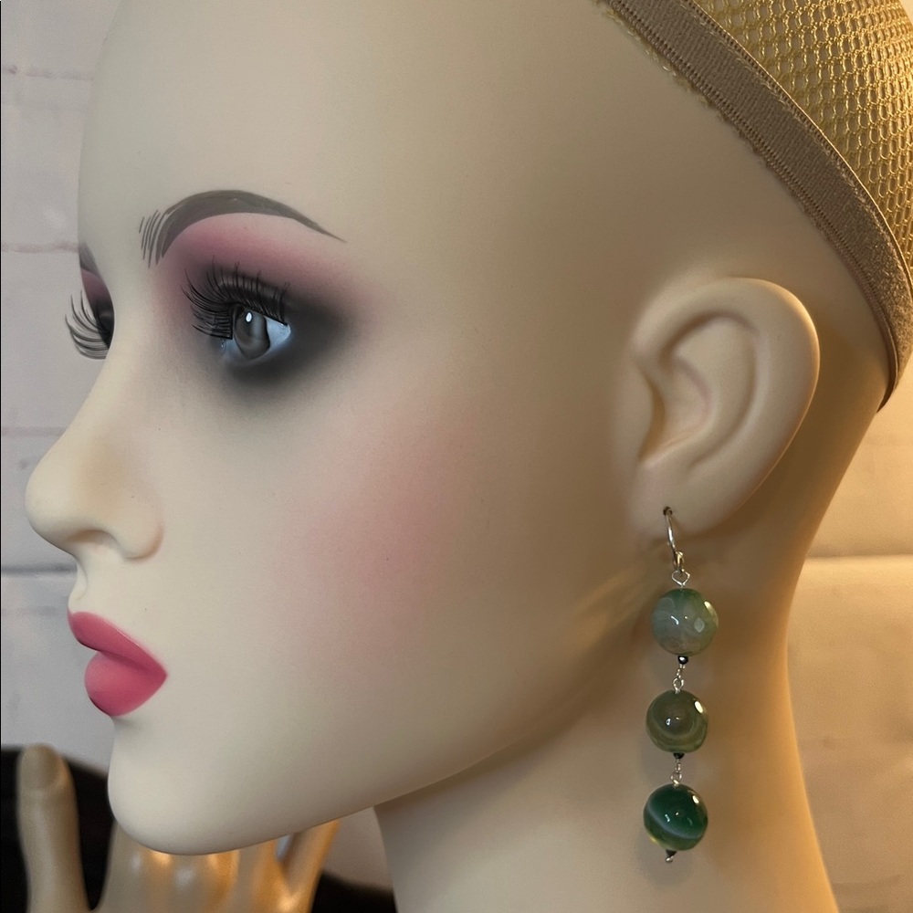 Polished & Faceted Raw Green Agate & Black Spinel Dangle Earrings